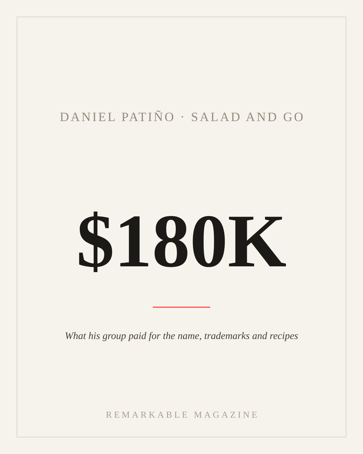 Typographic card reading '$180K' with the caption 'What his group paid for the name, trademarks and recipes,' labeled Daniel Patiño · Salad and Go