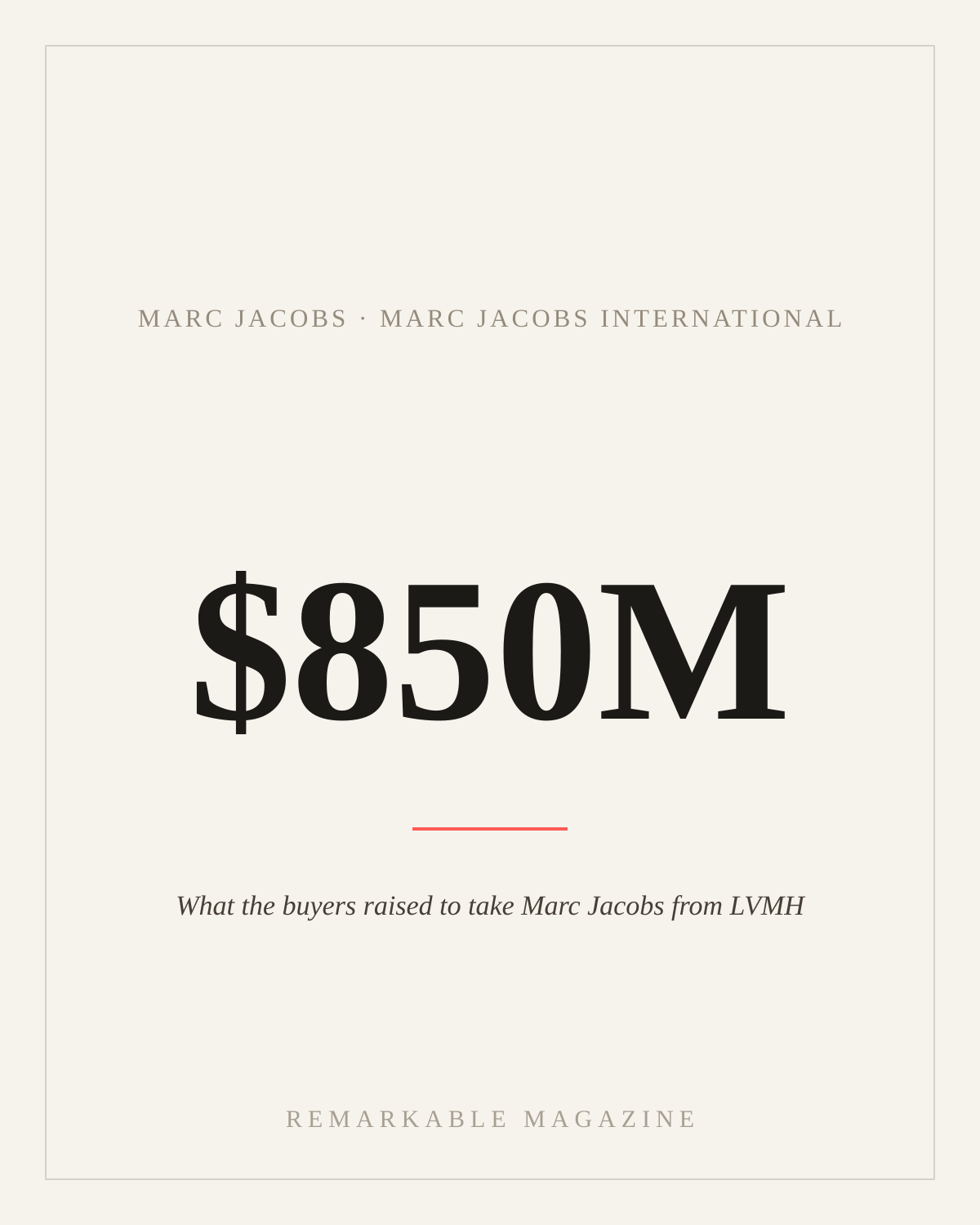 Typographic card reading '$850M' with the caption 'What the buyers raised to take Marc Jacobs from LVMH,' labeled Marc Jacobs · Marc Jacobs International