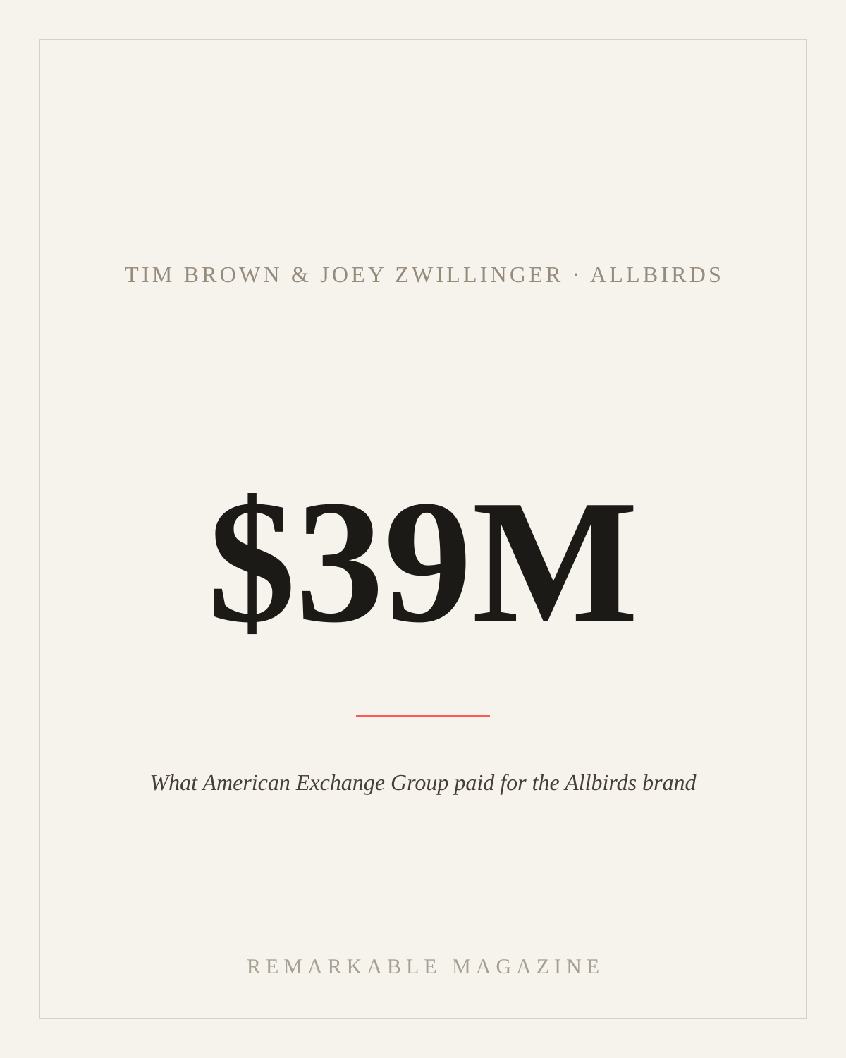 Typographic card reading '$39M' with the caption 'What American Exchange Group paid for the Allbirds brand,' labeled Tim Brown & Joey Zwillinger · Allbirds