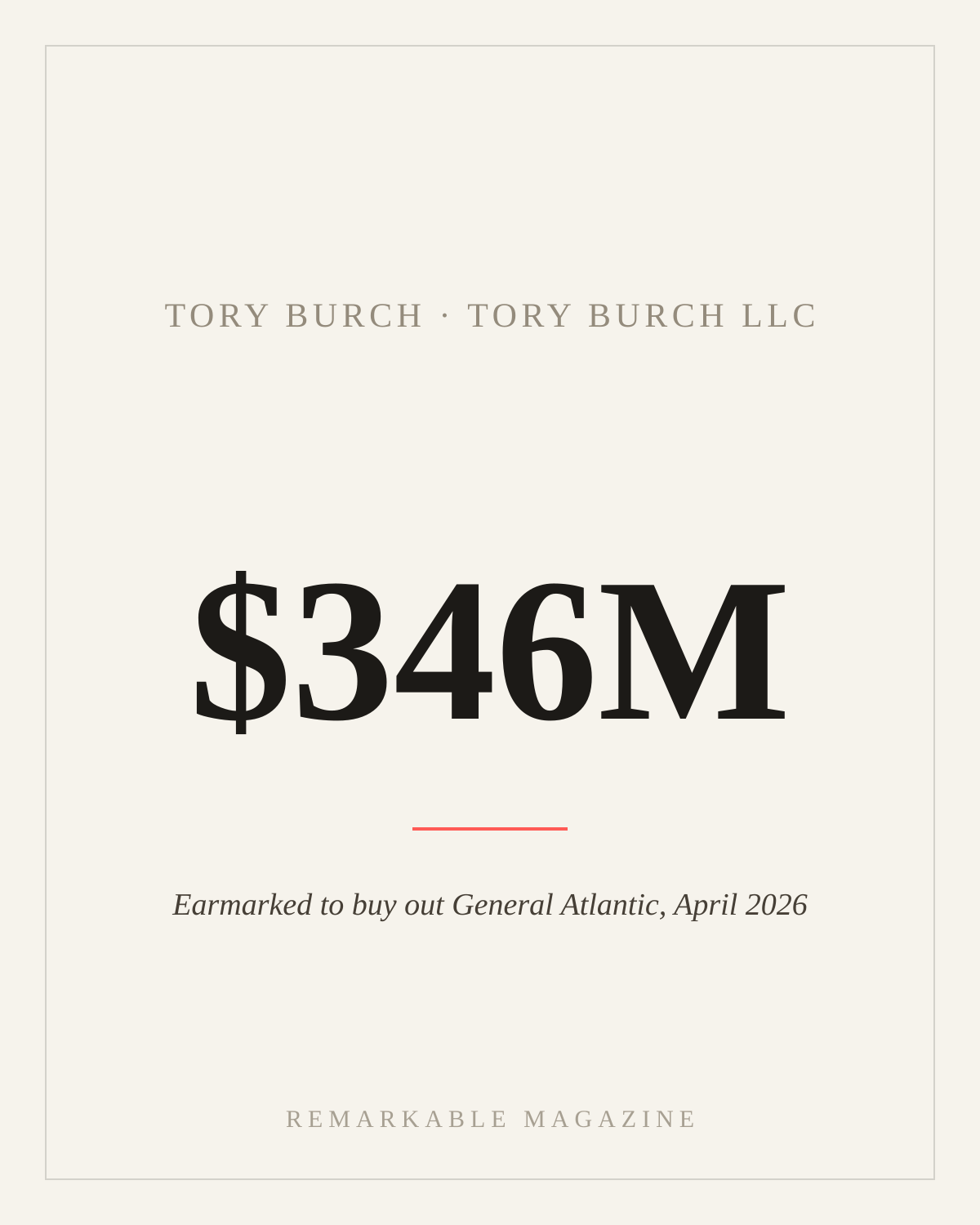 Typographic card reading '$346M' with the caption 'Earmarked to buy out General Atlantic, April 2026,' labeled Tory Burch · Tory Burch LLC