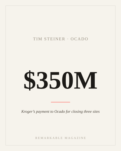Typographic card reading '$350M' with the caption 'Kroger's payment to Ocado for closing three sites,' labeled Tim Steiner · Ocado