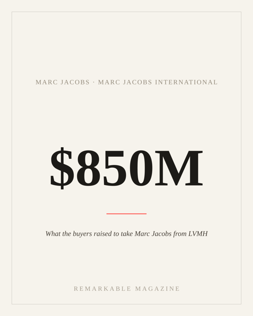 Typographic card reading '$850M' with the caption 'What the buyers raised to take Marc Jacobs from LVMH,' labeled Marc Jacobs · Marc Jacobs International