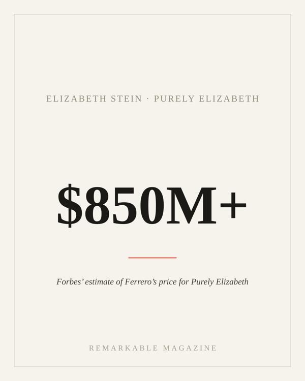 Typographic card reading '$850M+' with the caption 'Forbes' estimate of Ferrero's price for Purely Elizabeth,' labeled Elizabeth Stein · Purely Elizabeth
