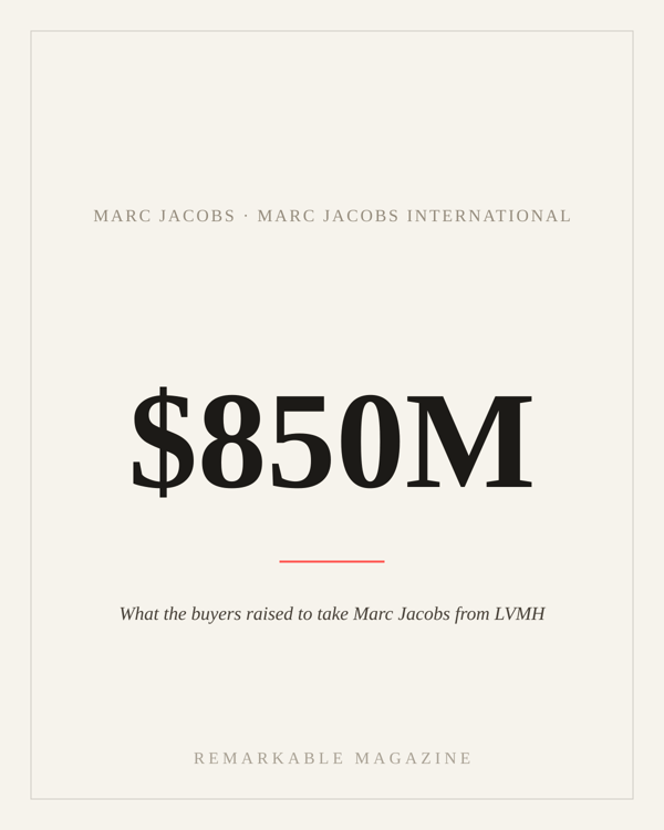 Typographic card reading '$850M' with the caption 'What the buyers raised to take Marc Jacobs from LVMH,' labeled Marc Jacobs · Marc Jacobs International