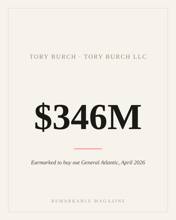 Typographic card reading '$346M' with the caption 'Earmarked to buy out General Atlantic, April 2026,' labeled Tory Burch · Tory Burch LLC