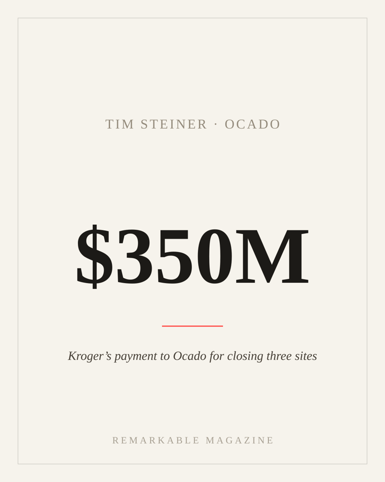 Typographic card reading '$350M' with the caption 'Kroger's payment to Ocado for closing three sites,' labeled Tim Steiner · Ocado