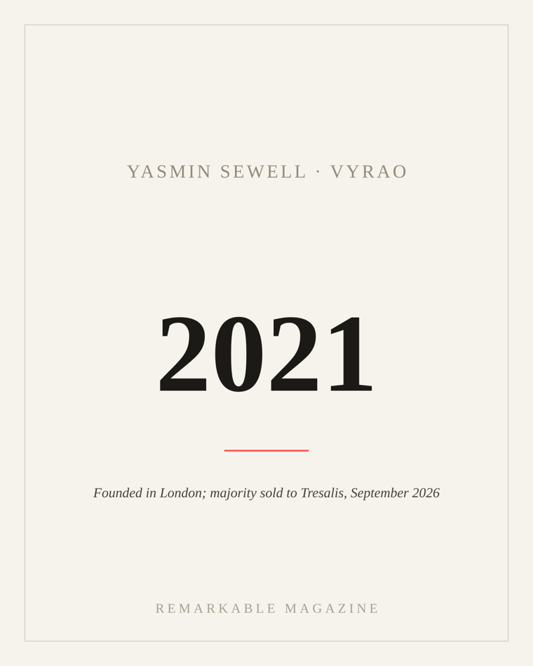 Typographic card reading '2021' with the caption 'Founded in London; majority sold to Tresalis, September 2026,' labeled Yasmin Sewell · Vyrao